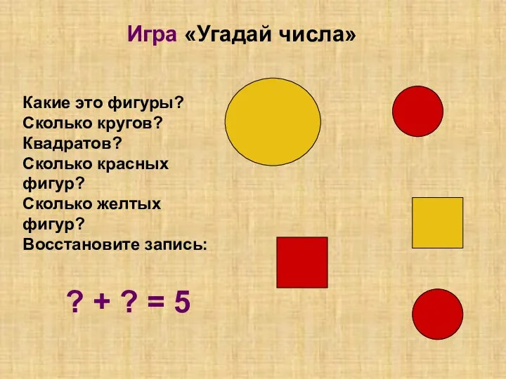 Игра «Угадай числа» Какие это фигуры? Сколько кругов? Квадратов? Сколько