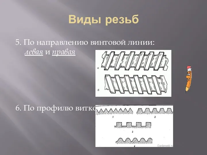 Виды резьб 5. По направлению винтовой линии: левая и правая 6. По профилю витков: