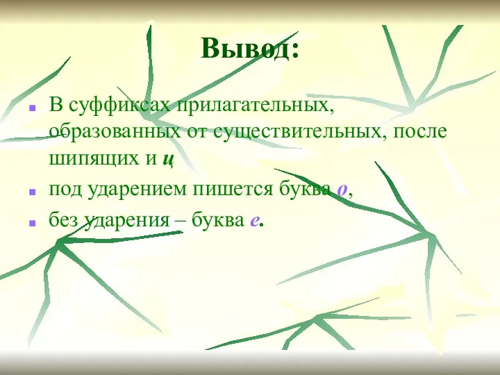 Вывод: В суффиксах прилагательных, образованных от существительных, после шипящих и