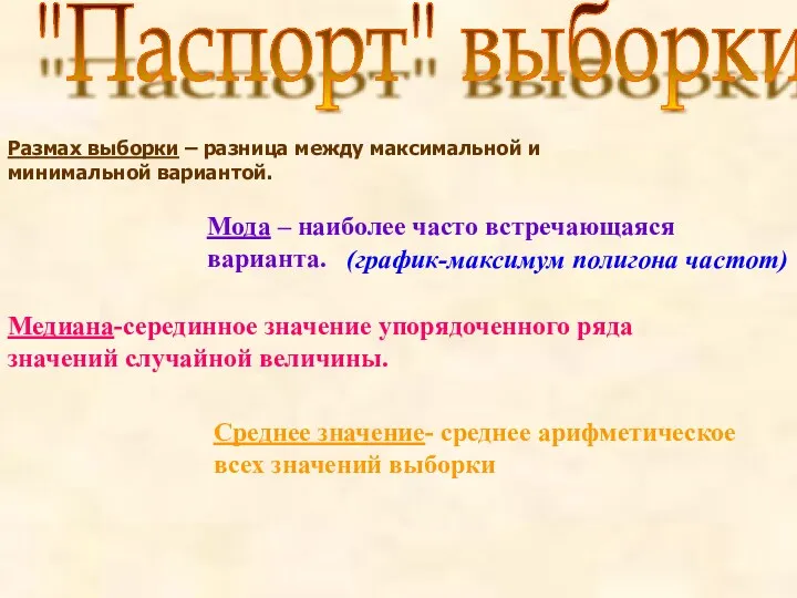 "Паспорт" выборки Размах выборки – разница между максимальной и минимальной