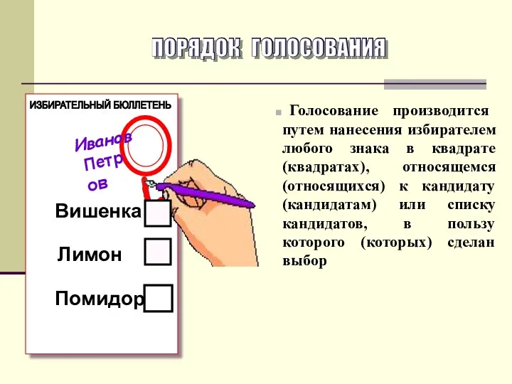 Голосование производится путем нанесения избирателем любого знака в квадрате (квадратах),