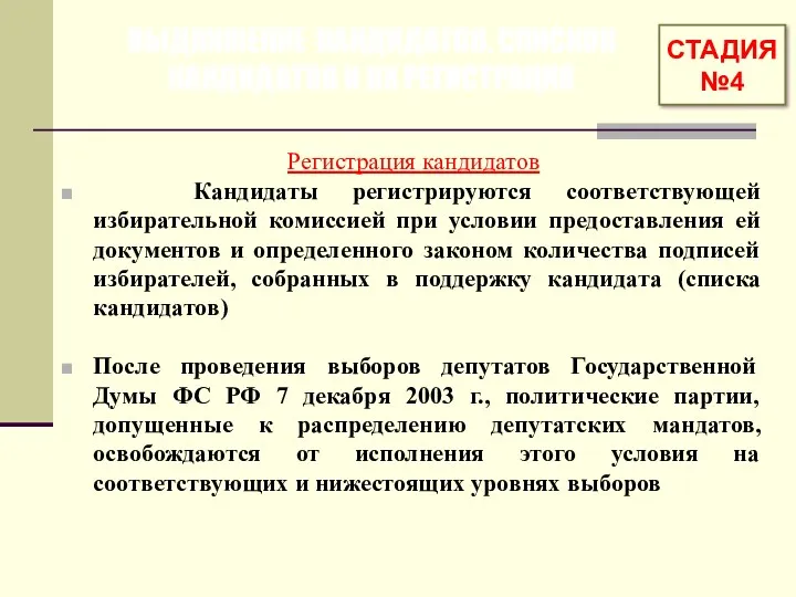 ВЫДВИЖЕНИЕ КАНДИДАТОВ, СПИСКОВ КАНДИДАТОВ И ИХ РЕГИСТРАЦИЯ Регистрация кандидатов Кандидаты