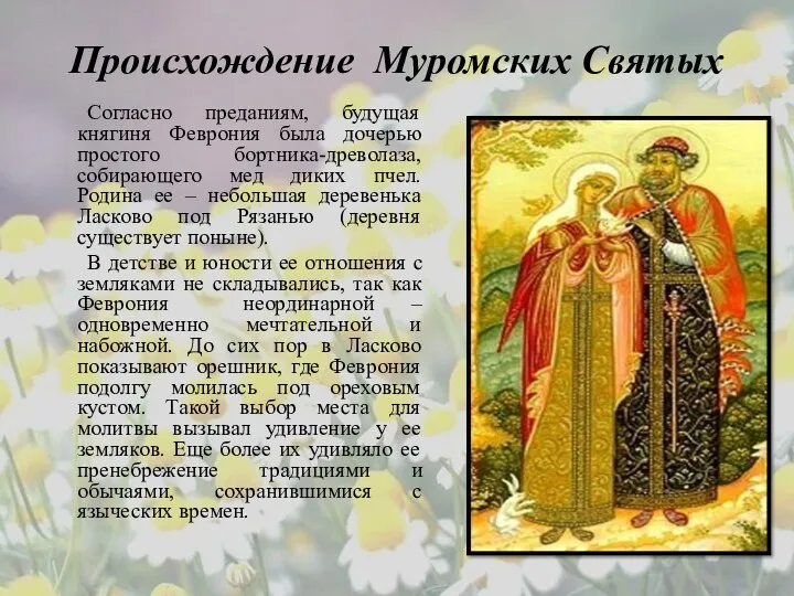 Происхождение Муромских Святых Согласно преданиям, будущая княгиня Феврония была дочерью