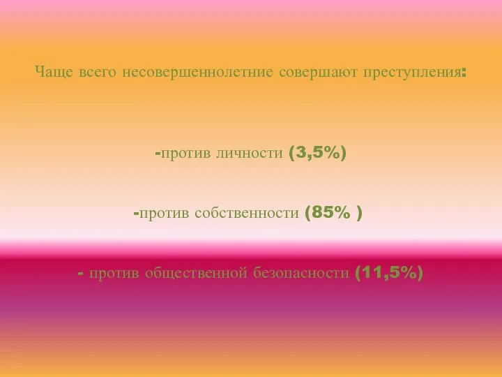 Чаще всего несовершеннолетние совершают преступления: -против личности (3,5%) против собственности