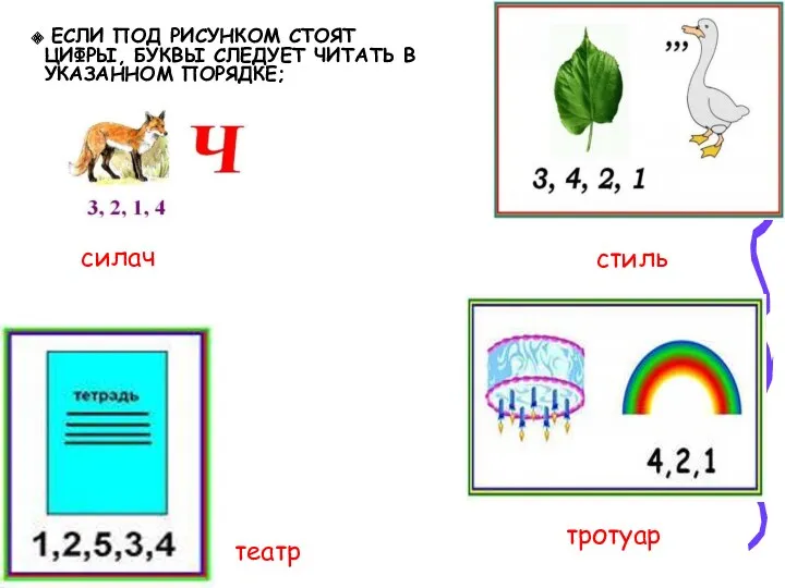 ЕСЛИ ПОД РИСУНКОМ СТОЯТ ЦИФРЫ, БУКВЫ СЛЕДУЕТ ЧИТАТЬ В УКАЗАННОМ ПОРЯДКЕ; силач стиль театр тротуар