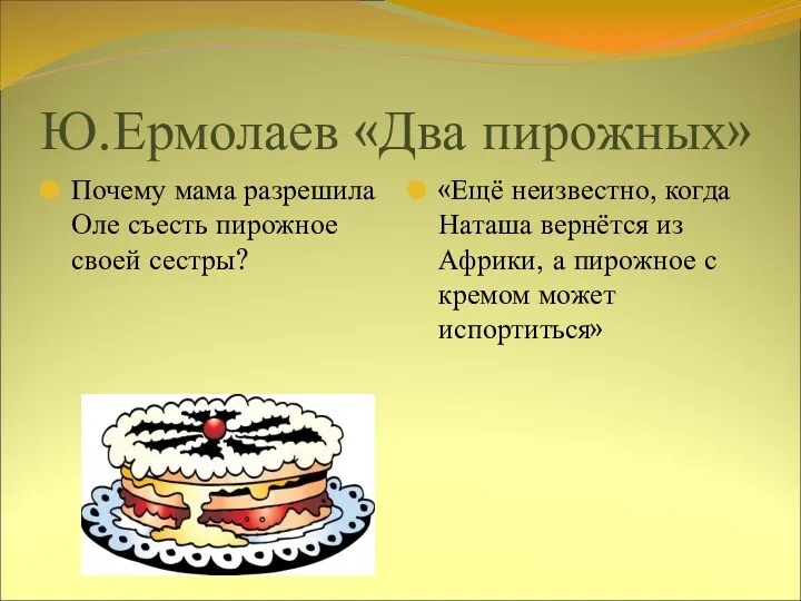Ю.Ермолаев «Два пирожных» Почему мама разрешила Оле съесть пирожное своей