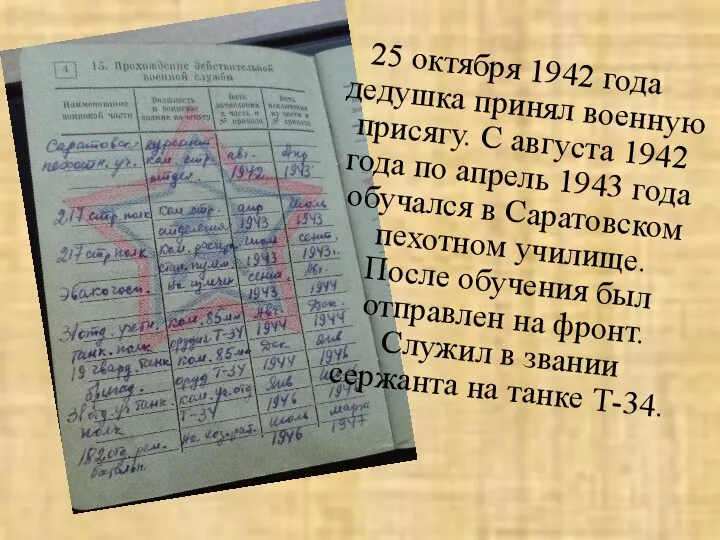 25 октября 1942 года дедушка принял военную присягу. С августа