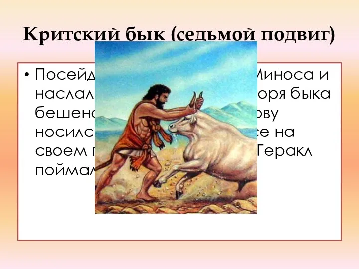 Критский бык (седьмой подвиг) Посейдон разгневался на Миноса и наслал