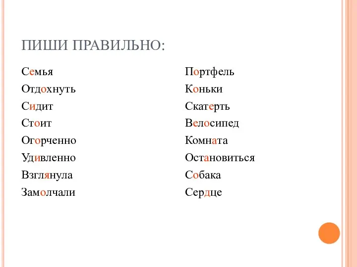 ПИШИ ПРАВИЛЬНО: Семья Отдохнуть Сидит Стоит Огорченно Удивленно Взглянула Замолчали