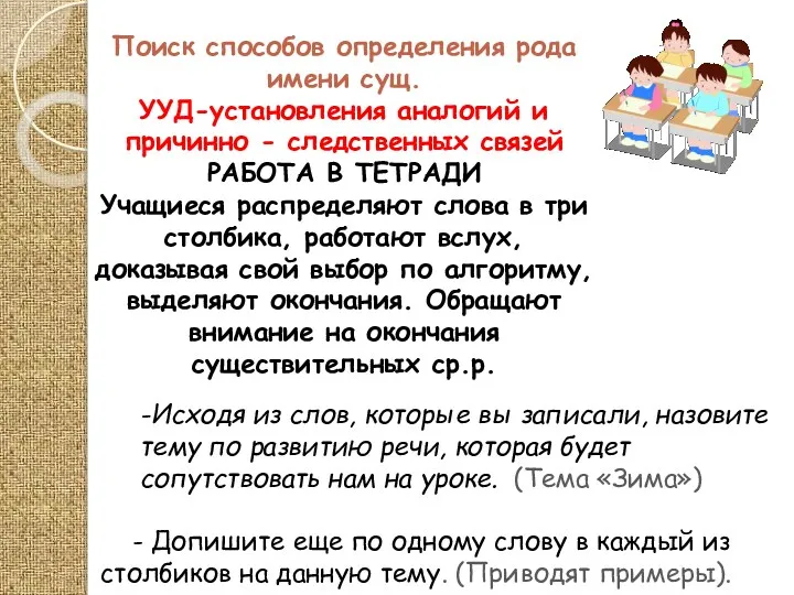 Поиск способов определения рода имени сущ. УУД-установления аналогий и причинно