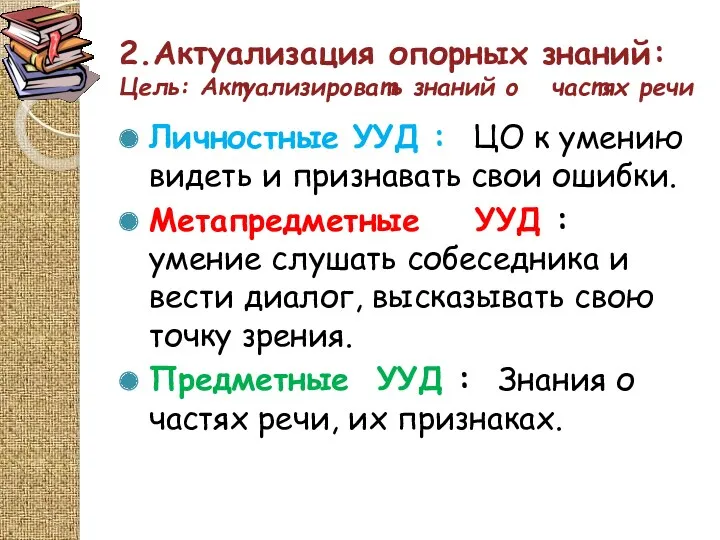 2.Актуализация опорных знаний: Цель: Актуализировать знаний о частях речи Личностные