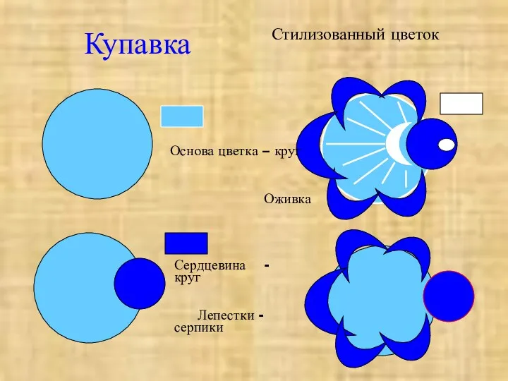 Купавка Стилизованный цветок Основа цветка – круг Оживка Сердцевина - круг Лепестки - серпики