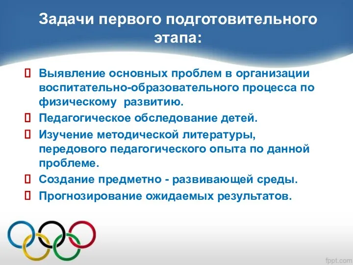 Задачи первого подготовительного этапа: Выявление основных проблем в организации воспитательно-образовательного