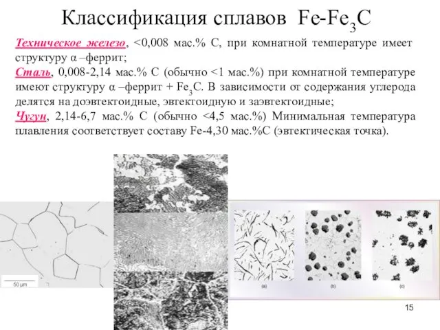 Классификация сплавов Fe-Fe3C Техническое железо, Сталь, 0,008-2,14 мас.% C (обычно Чугун, 2,14-6,7 мас.% C (обычно