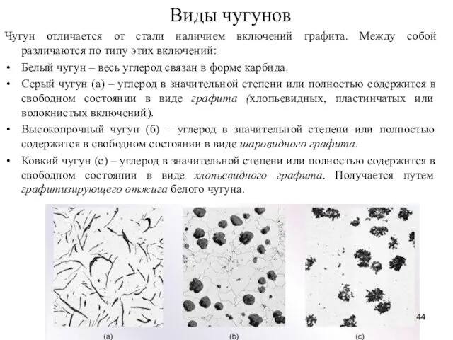 Виды чугунов Чугун отличается от стали наличием включений графита. Между