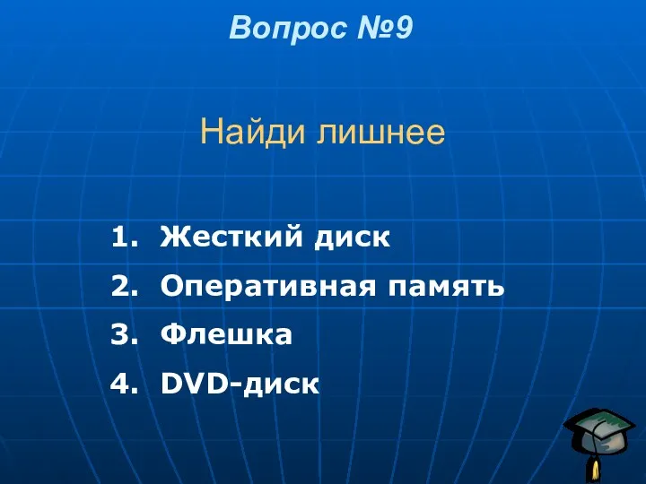 Найди лишнее Вопрос №9 Жесткий диск Оперативная память Флешка DVD-диск