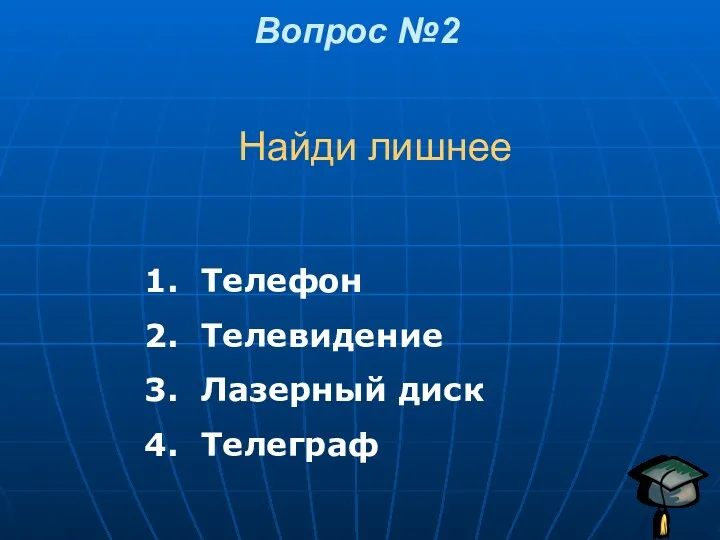 Найди лишнее Вопрос №2 Телефон Телевидение Лазерный диск Телеграф