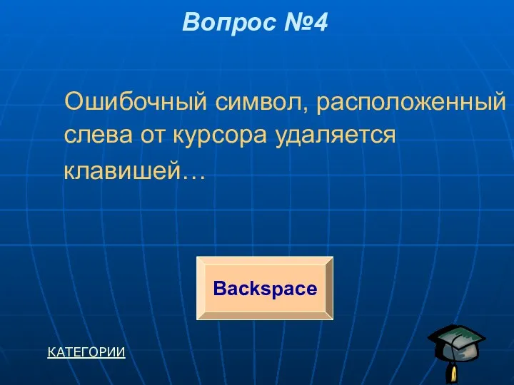 Ошибочный символ, расположенный слева от курсора удаляется клавишей… Вопрос №4 КАТЕГОРИИ Backspace