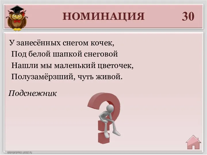 НОМИНАЦИЯ 30 Подснежник У занесённых снегом кочек, Под белой шапкой