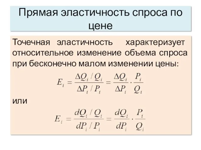 Прямая эластичность спроса по цене Точечная эластичность характеризует относительное изменение