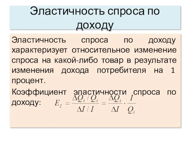 Эластичность спроса по доходу Эластичность спроса по доходу характеризует относительное