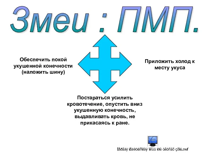 Змеи : ПМП. Обеспечить покой укушенной конечности (наложить шину) Постараться