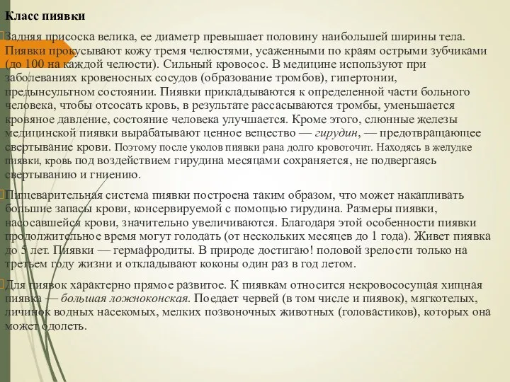 Класс пиявки Задняя присоска велика, ее диаметр превышает половину наибольшей ширины тела. Пиявки