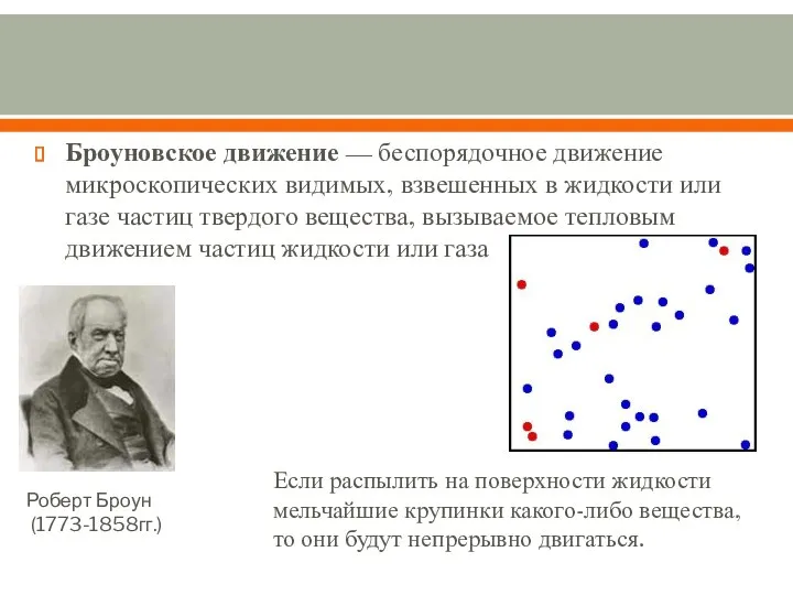 Броуновское движение — беспорядочное движение микроскопических видимых, взвешенных в жидкости