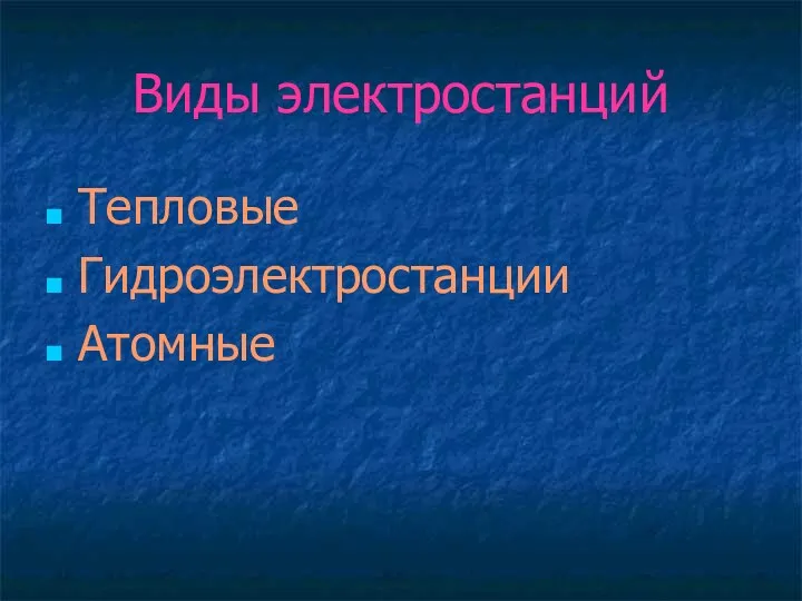 Виды электростанций Тепловые Гидроэлектростанции Атомные