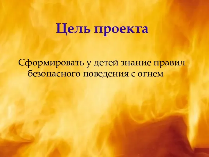 Цель проекта Сформировать у детей знание правил безопасного поведения с огнем