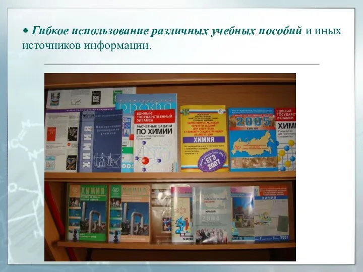 • Гибкое использование различных учебных пособий и иных источников информации.