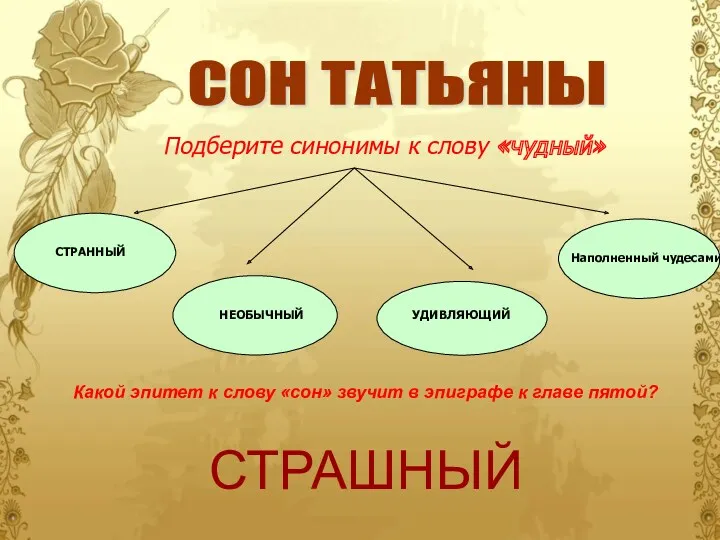 Подберите синонимы к слову «чудный» СТРАННЫЙ НЕОБЫЧНЫЙ УДИВЛЯЮЩИЙ Наполненный чудесами