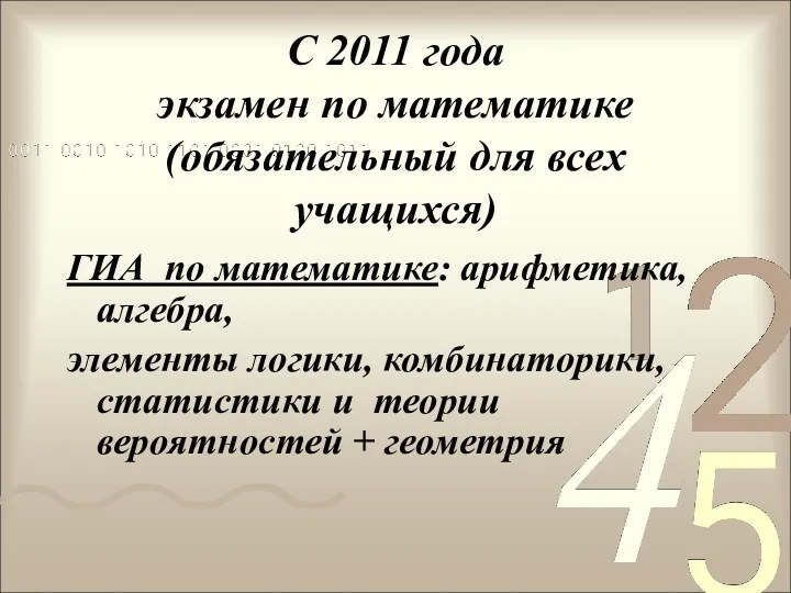 С 2011 года экзамен по математике (обязательный для всех учащихся) ГИА по математике: