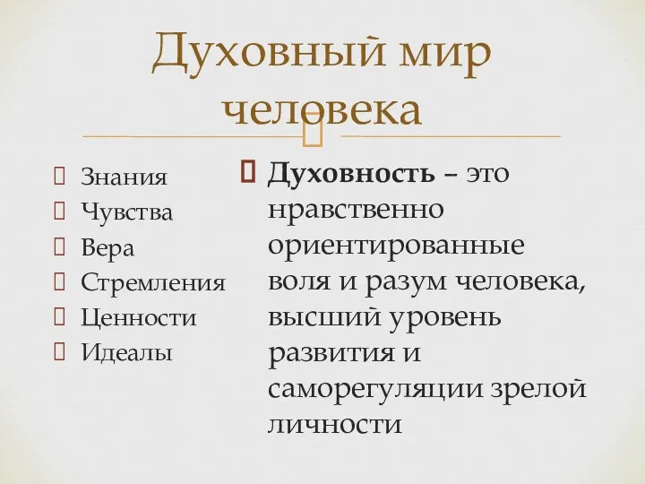 Духовный мир человека Знания Чувства Вера Стремления Ценности Идеалы Духовность