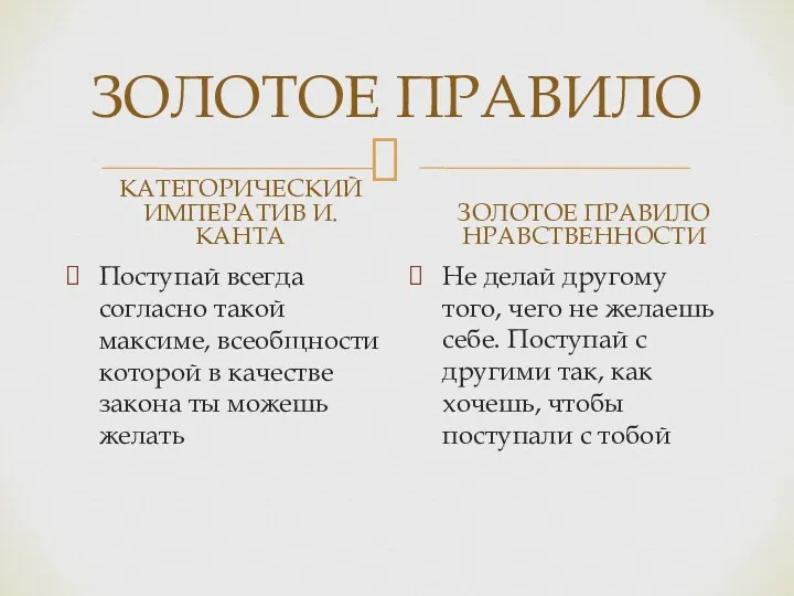 ЗОЛОТОЕ ПРАВИЛО КАТЕГОРИЧЕСКИЙ ИМПЕРАТИВ И.КАНТА Поступай всегда согласно такой максиме,