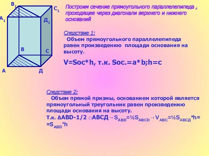 А А1 В В1 С С1 Д Д1 Следствие 1: Объем прямоугольного параллелепипеда