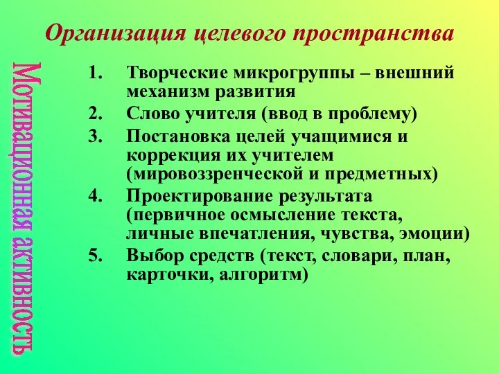 Организация целевого пространства Творческие микрогруппы – внешний механизм развития Слово учителя (ввод в