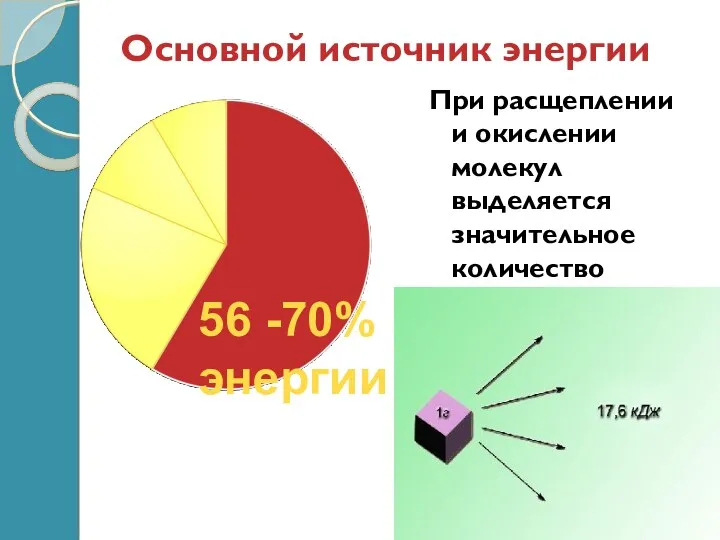 Основной источник энергии При расщеплении и окислении молекул выделяется значительное количество энергии 56 -70% энергии