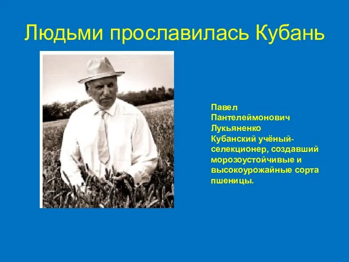 Павел Пантелеймонович Лукьяненко Кубанский учёный-селекционер, создавший морозоустойчивые и высокоурожайные сорта пшеницы. Людьми прославилась Кубань