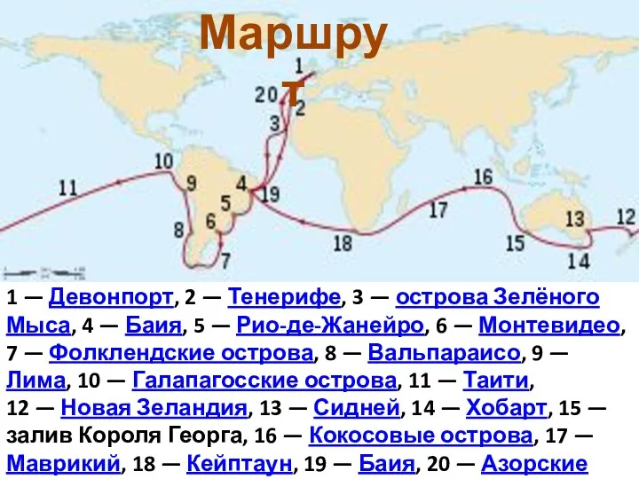 Маршрут 1 — Девонпорт, 2 — Тенерифе, 3 — острова