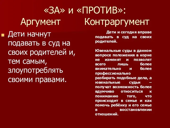 «ЗА» и «ПРОТИВ»: Аргумент Контраргумент Дети начнут подавать в суд на своих родителей