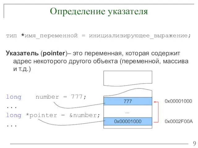 Определение указателя тип *имя_переменной = инициализирующее_выражение; Указатель (pointer)– это переменная,