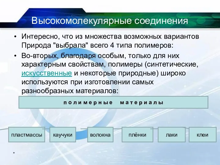 Высокомолекулярные соединения Интересно, что из множества возможных вариантов Природа "выбрала"