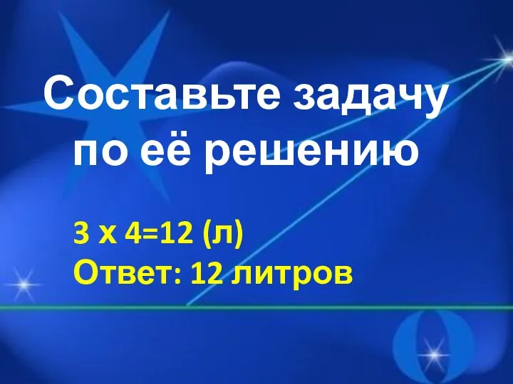 Составьте задачу по её решению 3 х 4=12 (л) Ответ: 12 литров