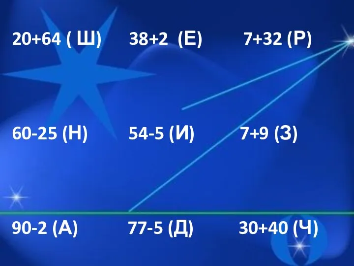 20+64 ( Ш) 38+2 (Е) 7+32 (Р) 60-25 (Н) 54-5