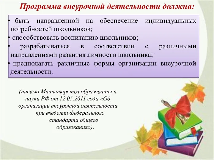 Программа внеурочной деятельности должна: (письмо Министерства образования и науки РФ