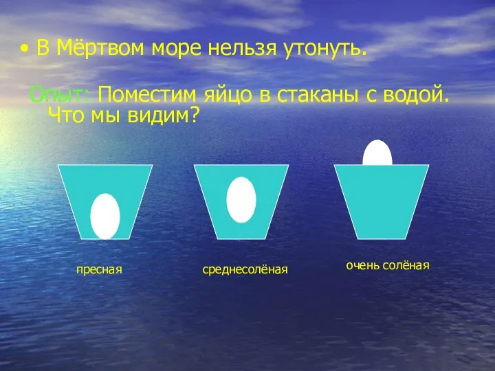 В Мёртвом море нельзя утонуть. Опыт: Поместим яйцо в стаканы с водой. Что