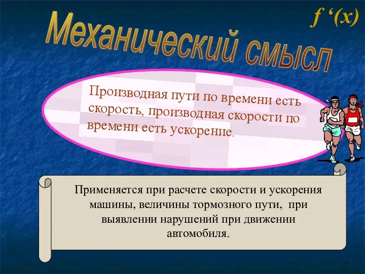 Механический смысл f ‘(x) Производная пути по времени есть скорость, производная скорости по