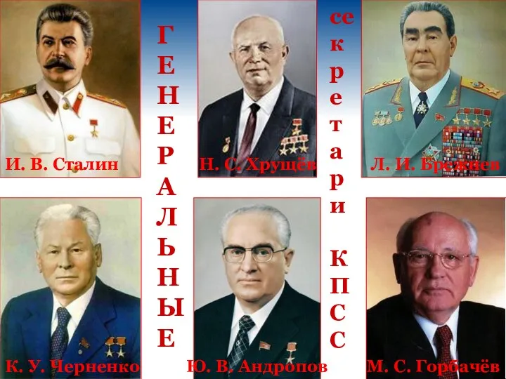 И. В. Сталин Н. С. Хрущёв Л. И. Брежнев К.