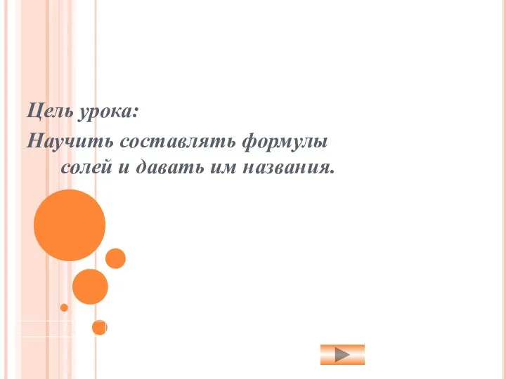 Цель урока: Научить составлять формулы солей и давать им названия.